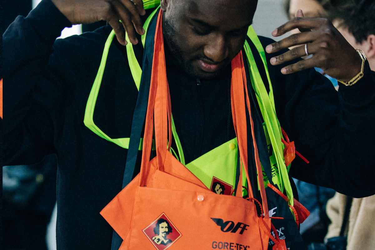 Virgil Abloh with Gore-Tex bags at his 2018 Paris Fashion Week runway Show